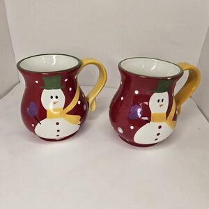 Pier 1 Imports Set Of 2 Snowball Snowman Mugs Red Yellow Hand-Painted Dolomite